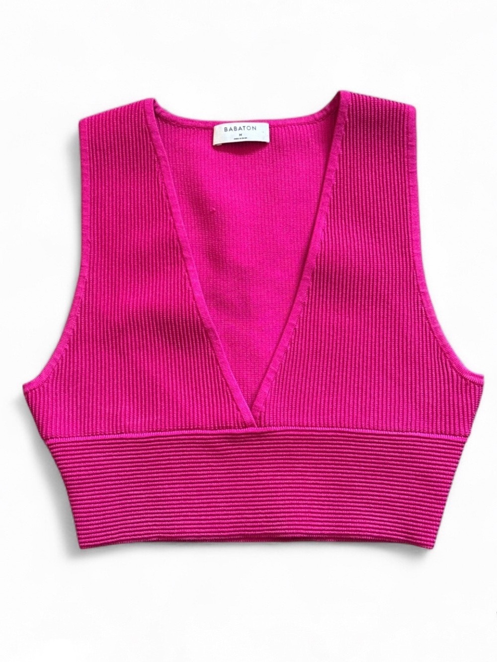 Aritzia Babaton Sculpt Knit Deep V Tank  Cropped Ribbed Top Berry Pink Size Med
